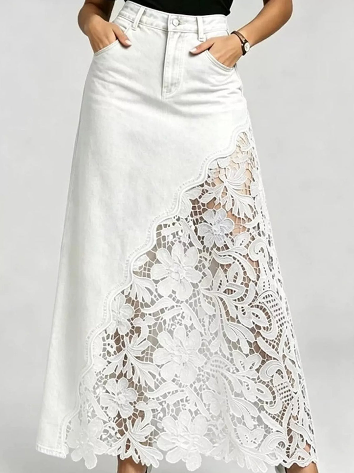Lace-panel denim skirt, white skirt front