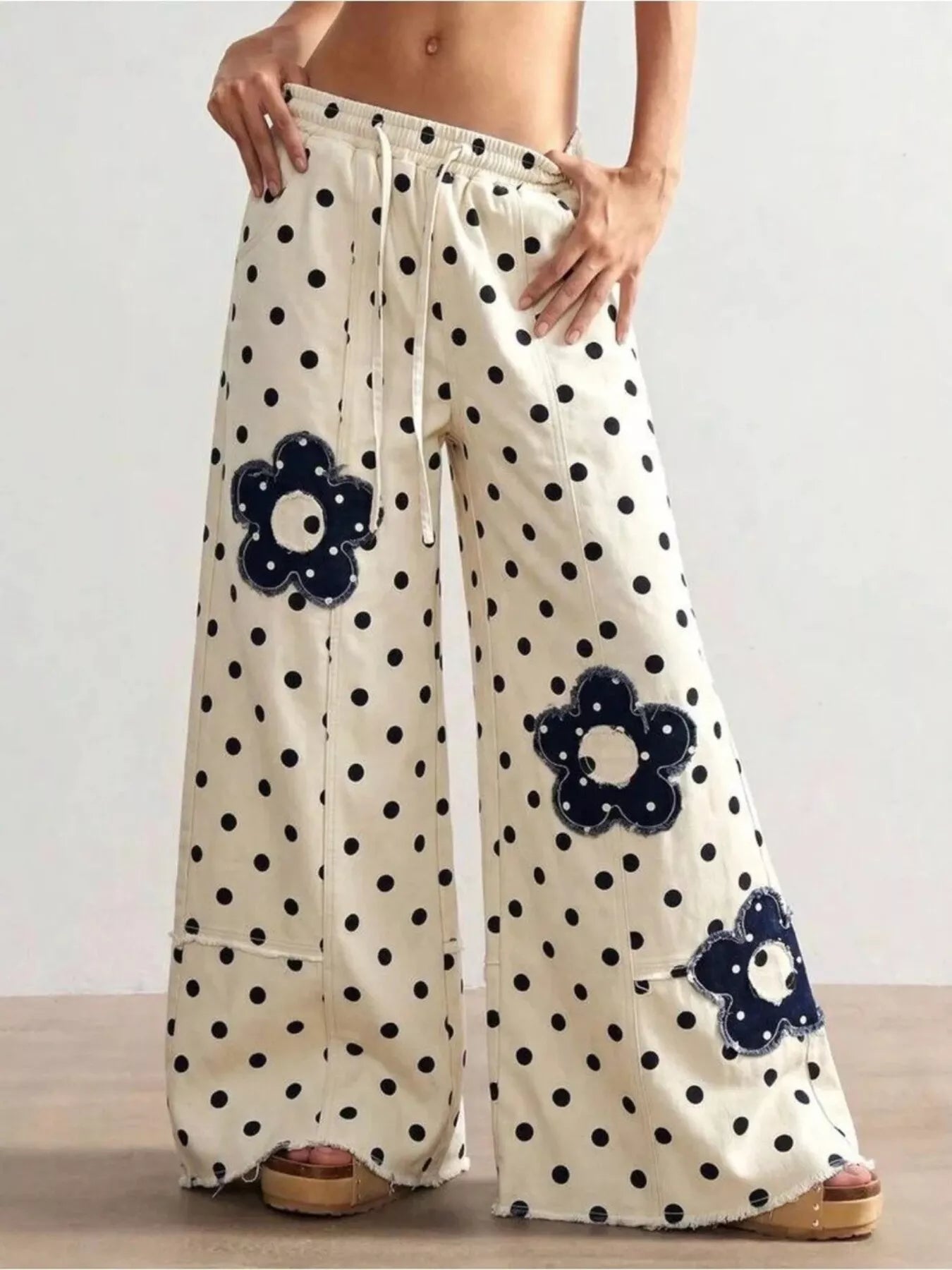 Trendsi Floral Applique Polka Dot Wide-Leg Jeans -
