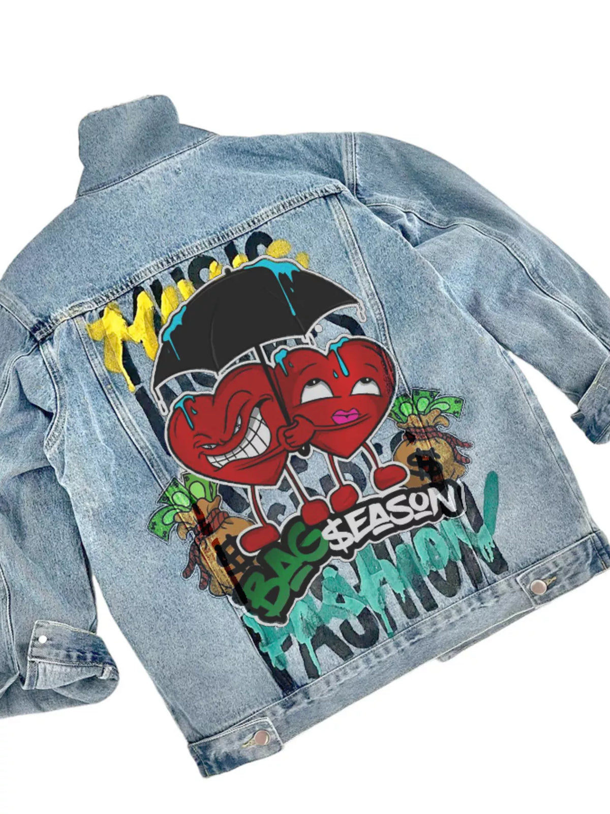 Light blue heart-and-umbrella graphic jacket, back graphic laid flat