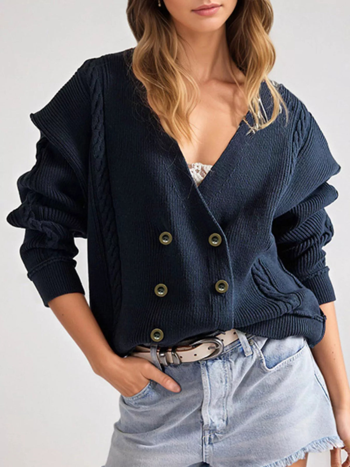 Trendsi Double-Breasted Cable Knit Cardigan -