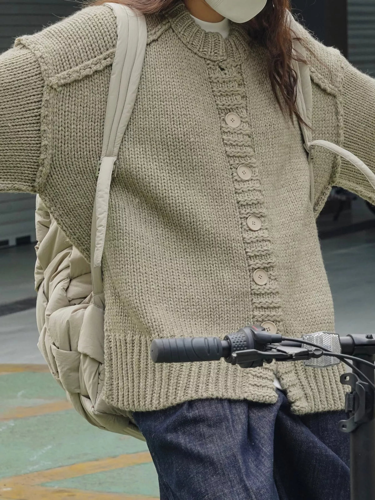 Oversized Chunky Knit Cardigan with Textured Button Placket, detail view in green