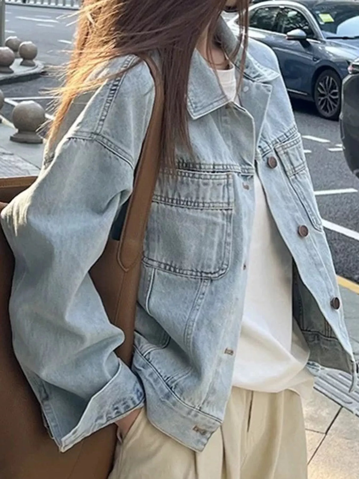 Button-Up Dropped Shoulder Denim Jacket — front view