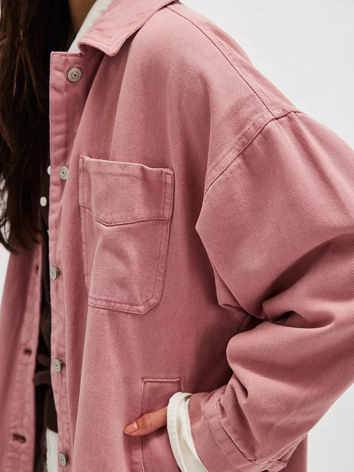 Pink button up long sleeve denim jacket, detail view