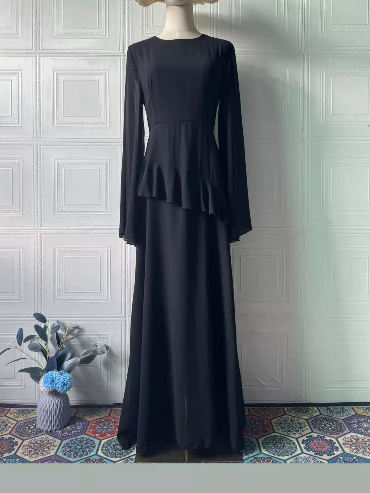 Black ruffled flare sleeve maxi dress, front view
