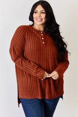 Trendsi Basic Bae Full Size Ribbed Half Button Long Sleeve High-Low T-Shirt - Pants