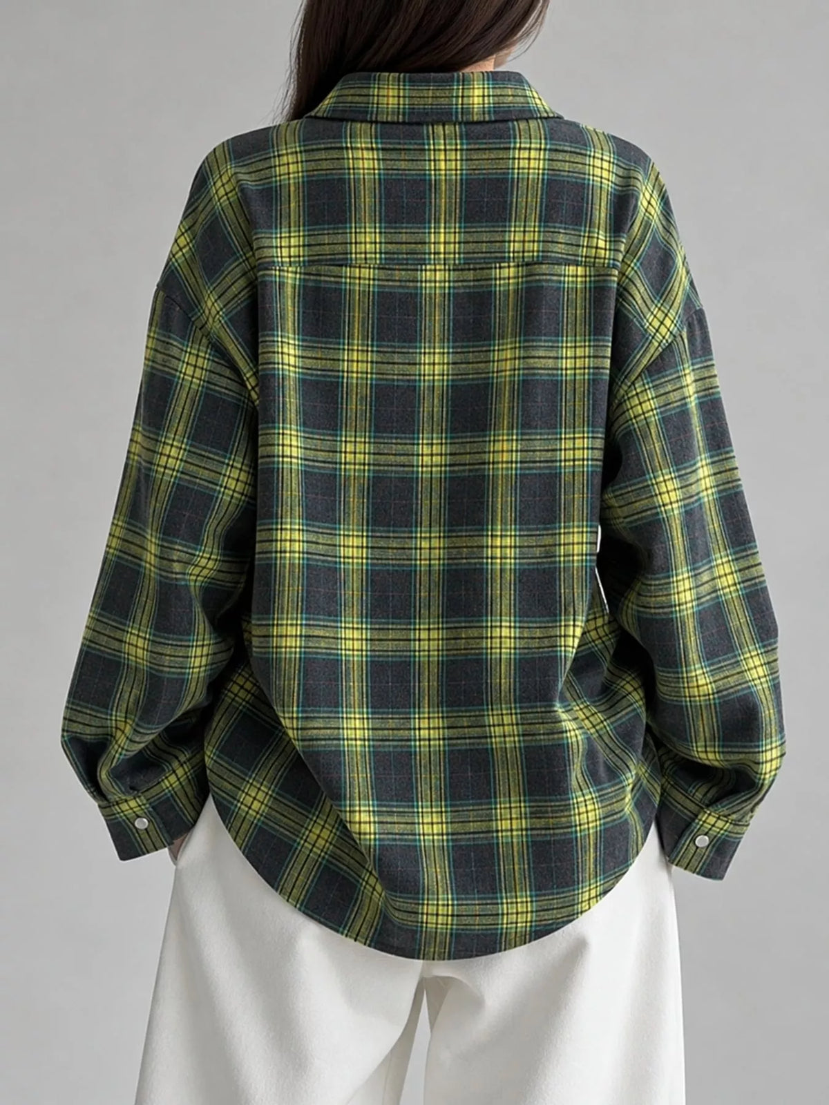 Green and yellow plaid button-down shirt, back view