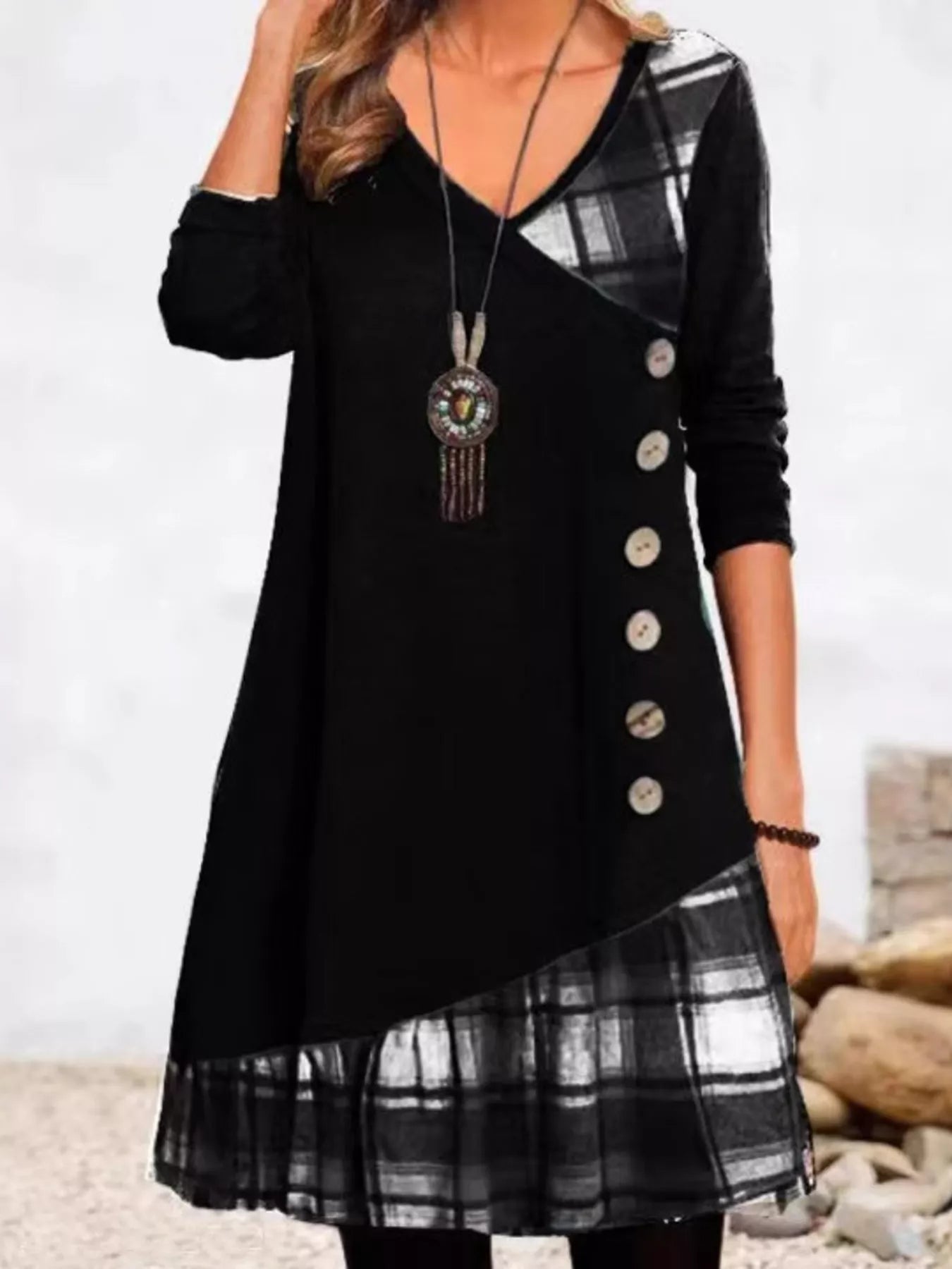 Trendsi Full Size Asymmetrical Plaid Patchwork Long Sleeve Dress Plus Size -
