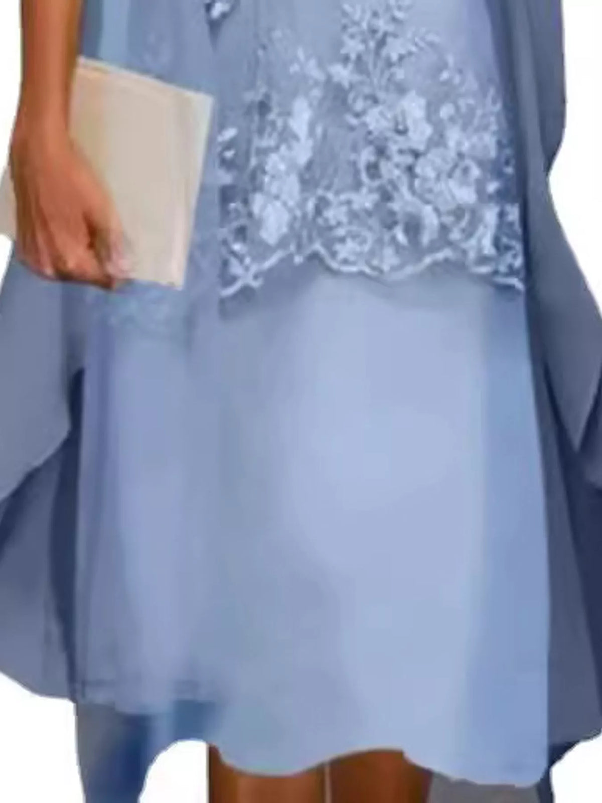 Blue lace overlay dress and chiffon cardigan set, floral overlay edge and layered skirt hem