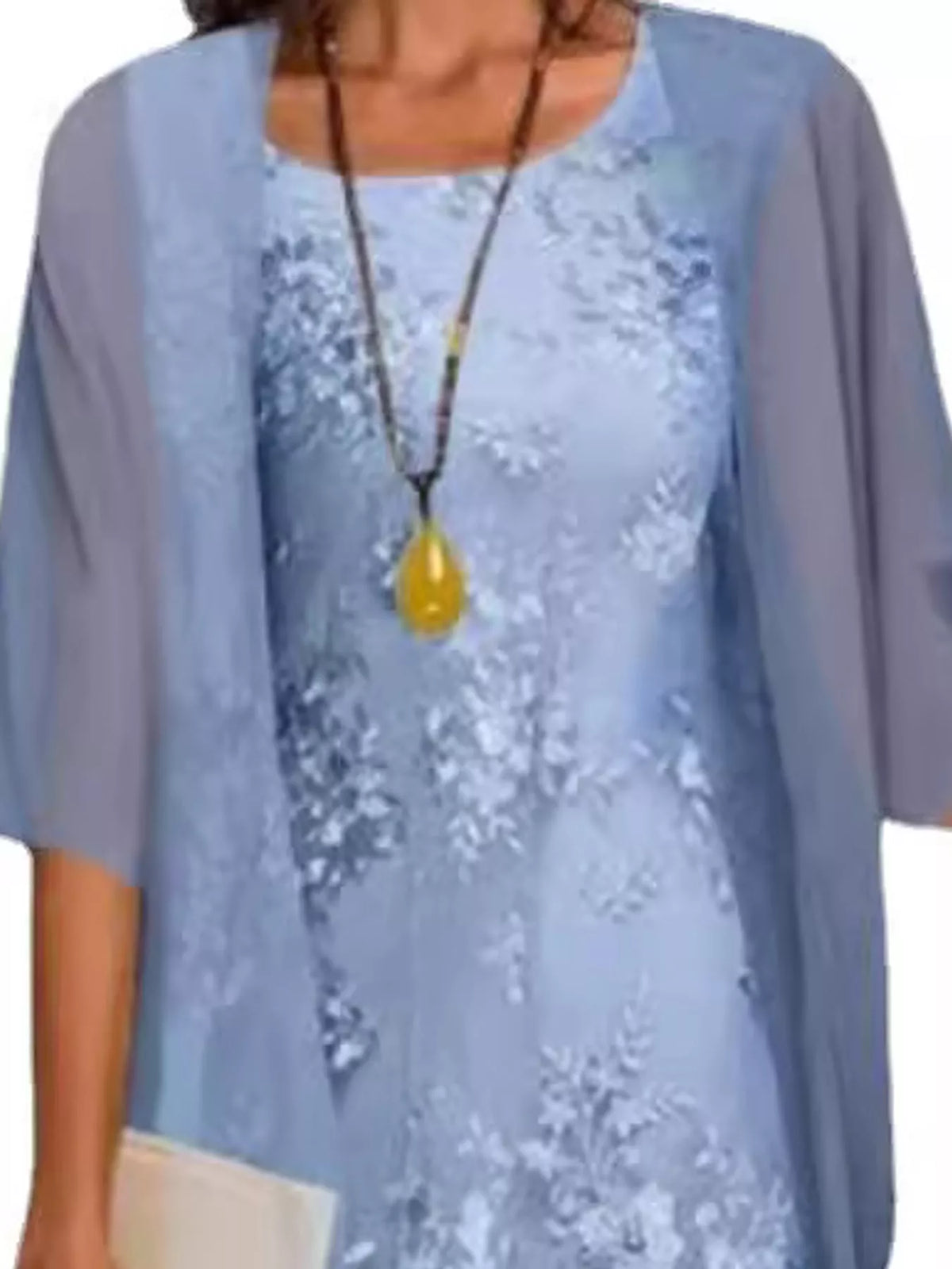 Blue lace overlay dress and chiffon cardigan set, floral overlay neckline and sheer outer layer