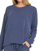 Trendsi Zenana Corded Rib Long Sleeve Tee and Shorts Set -