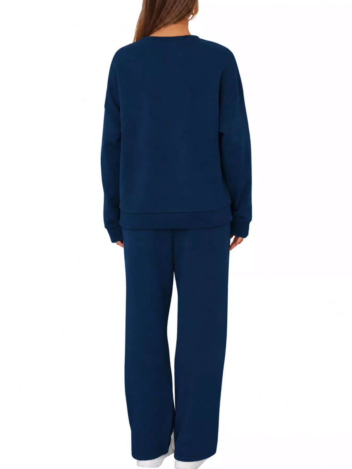 Crewneck Drop Shoulder Sweatshirt and Wide-Leg Pants Set — back view