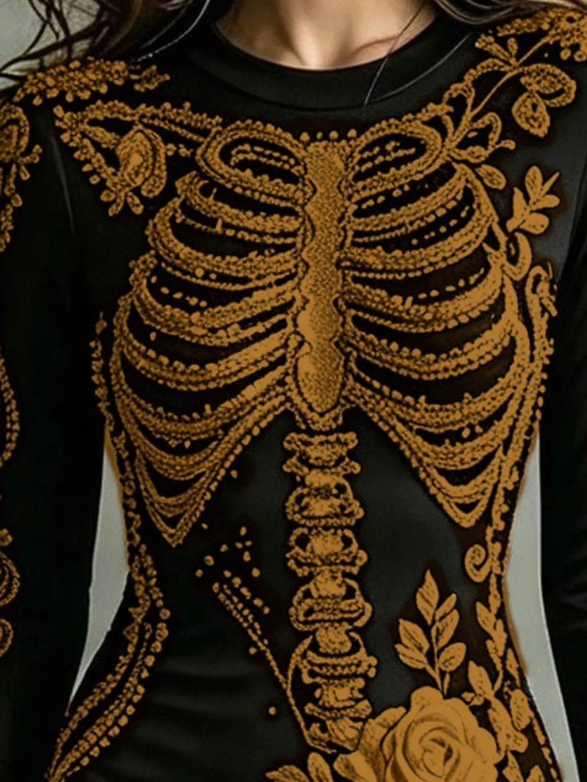 Floral skeleton dress, gold skeleton print detail