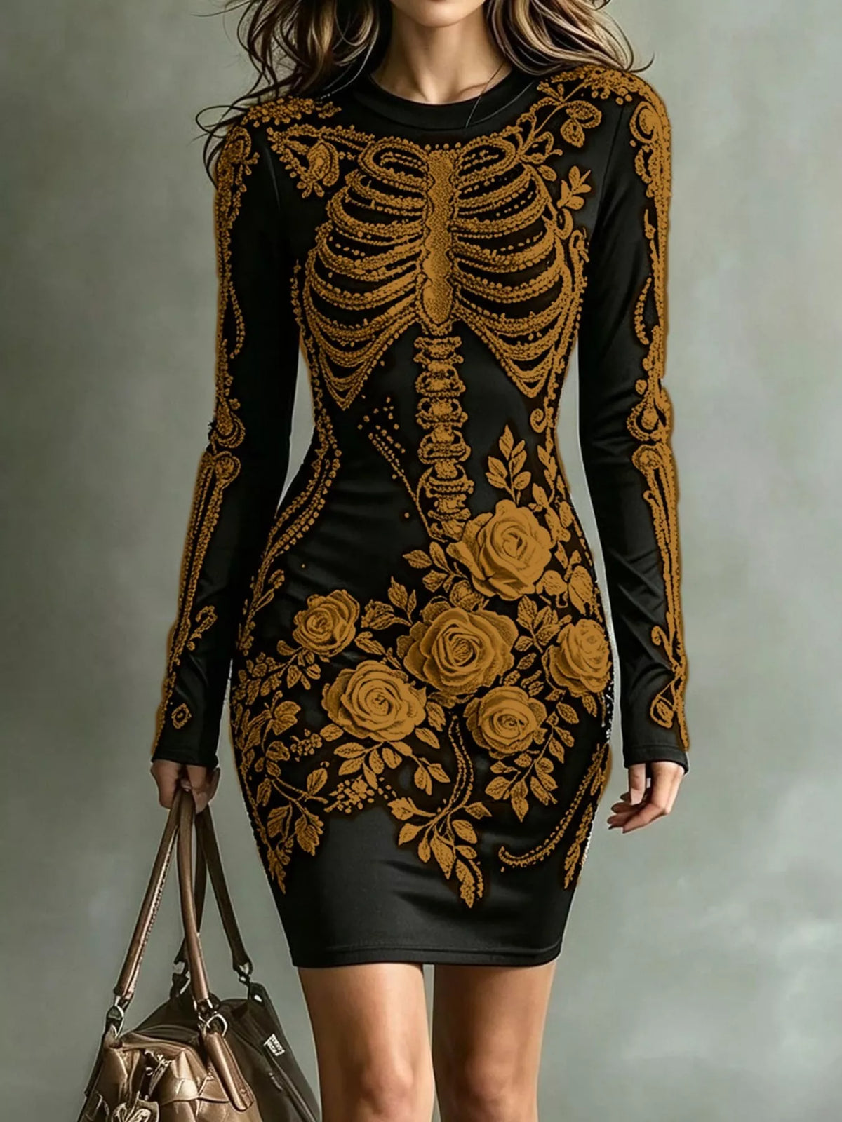 Floral skeleton dress, black with gold print front