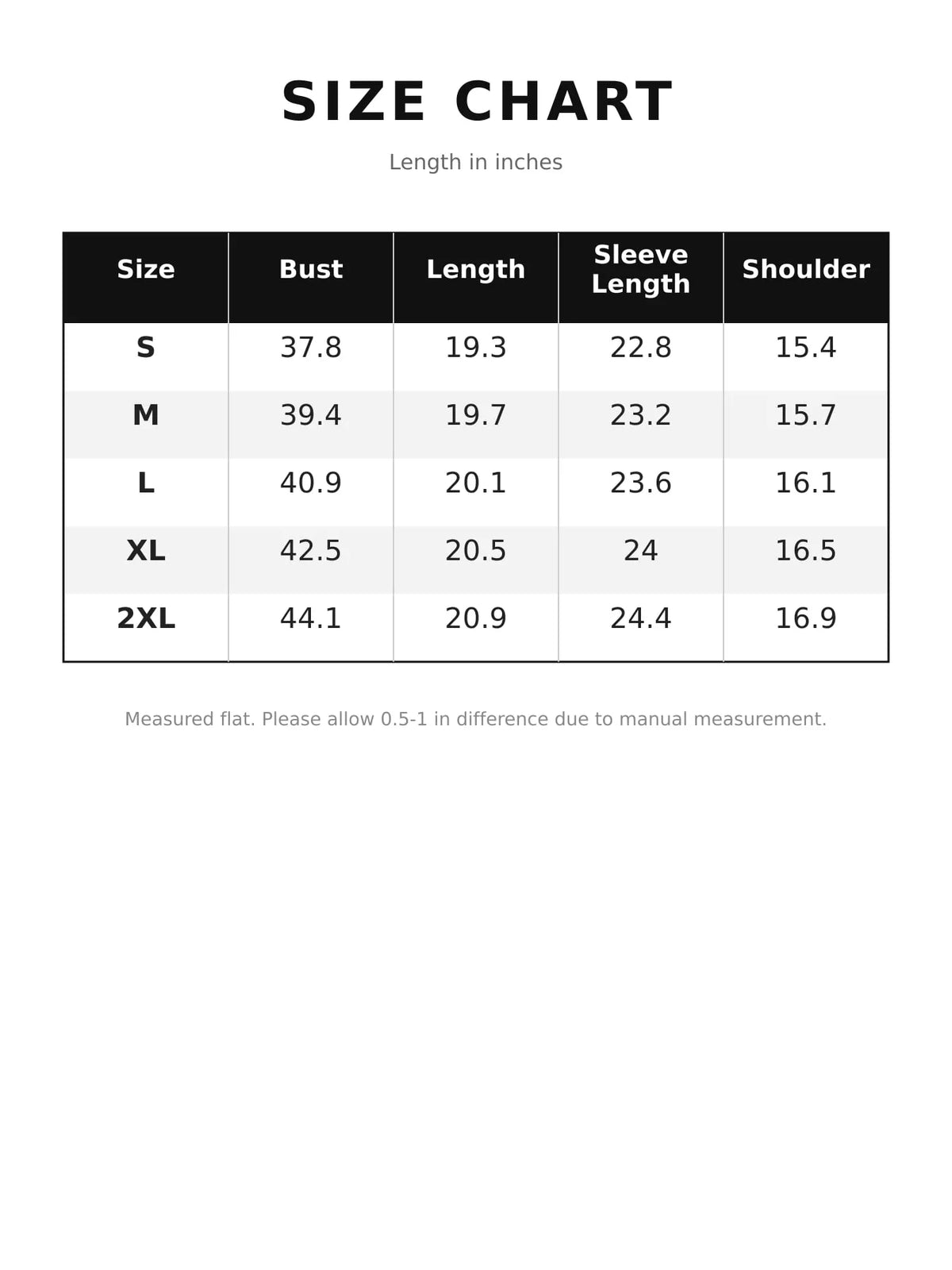 Size chart for asymmetrical zipper long sleeve jacket