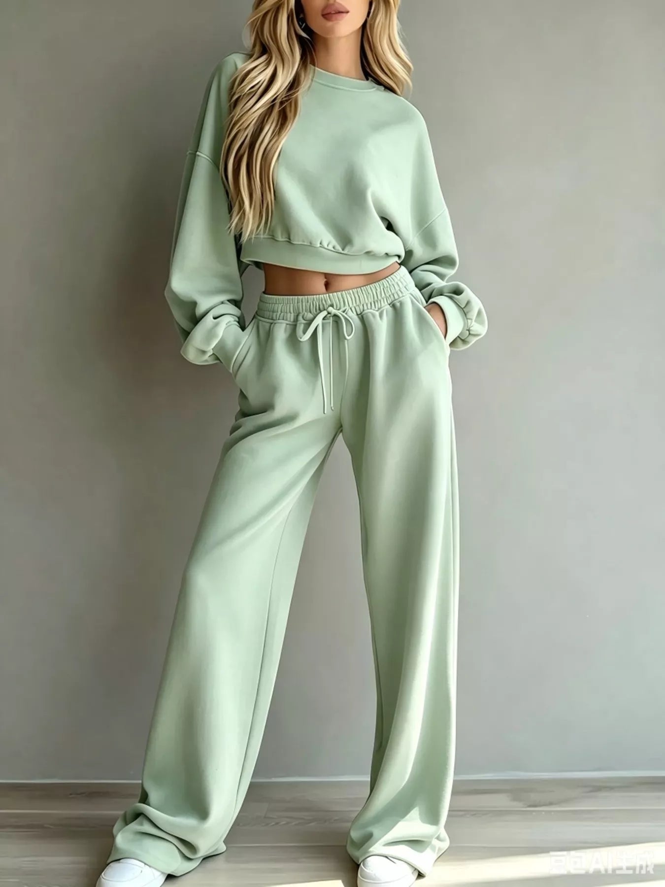 Trendsi Round Neck Cropped Sweatshirt and Wide-Leg Pants Set -