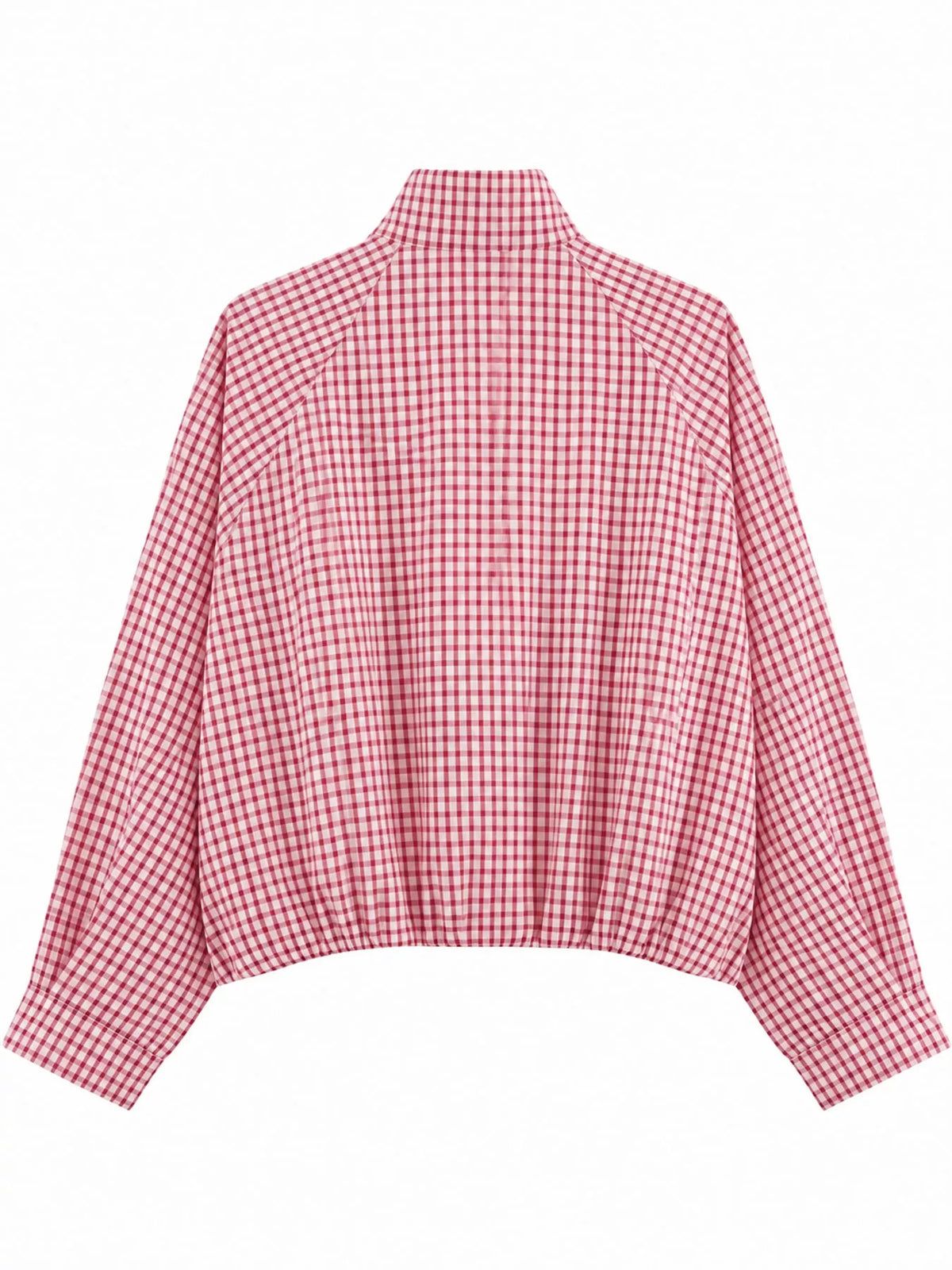 Pale Pink plaid stand-collar cropped jacket, back view