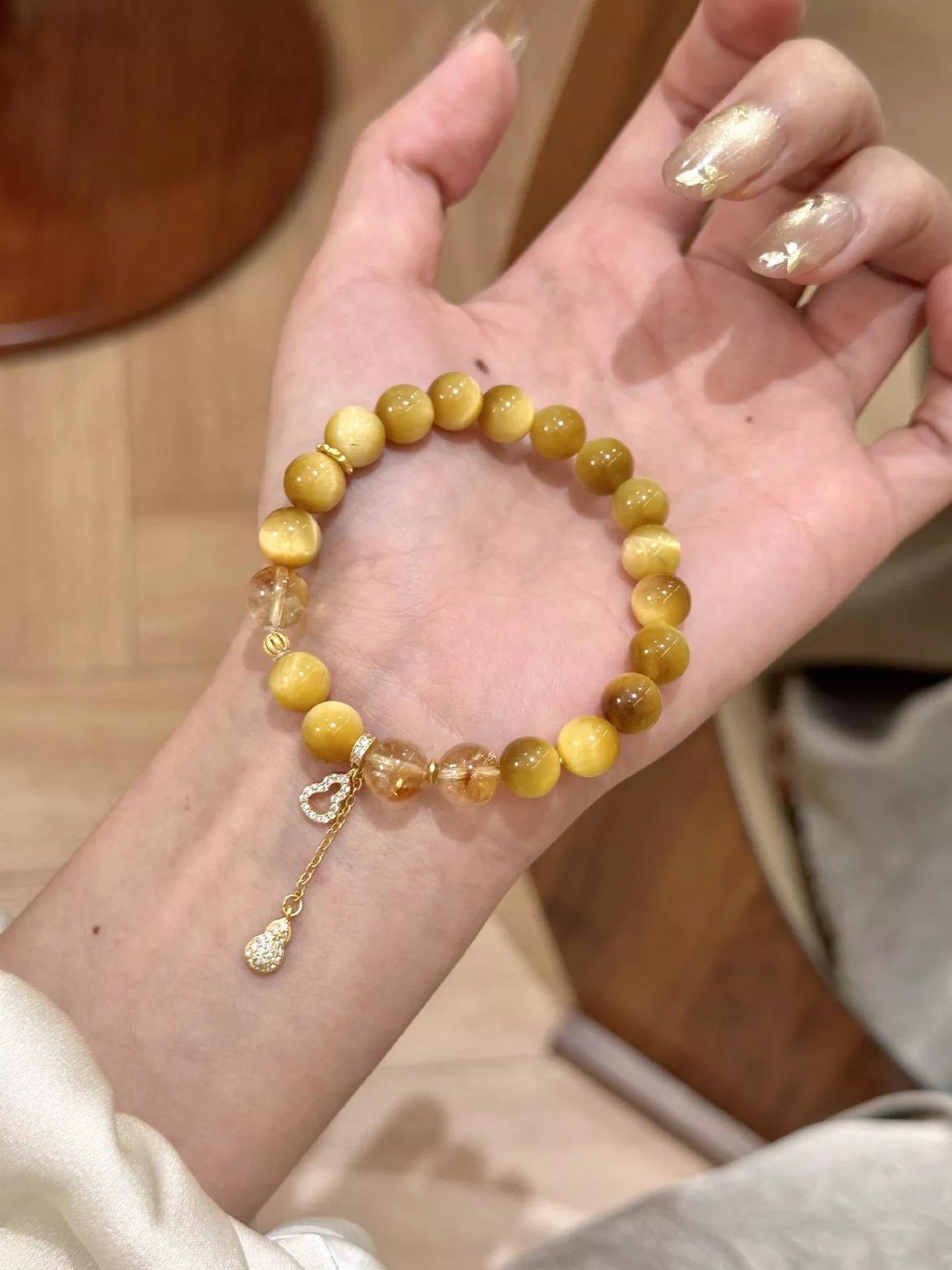 Trendsi Tiger Eye Beaded Bracelet with Gourd Charm -