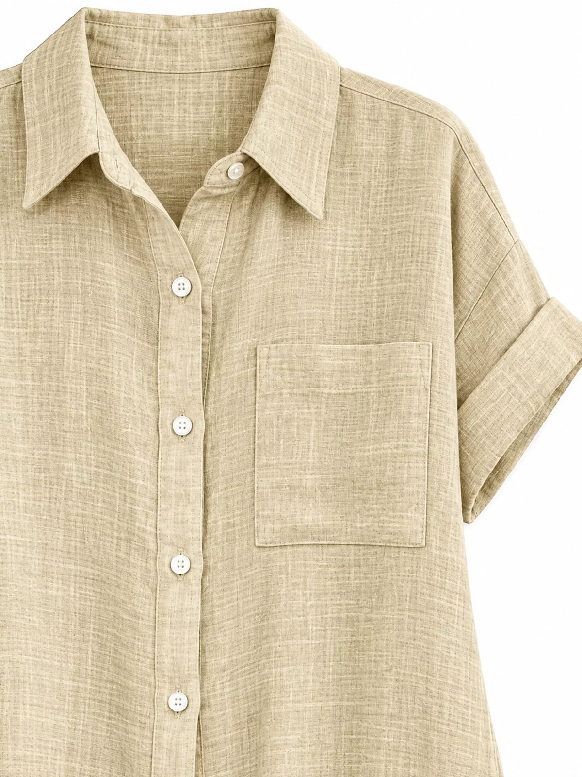 Women's Button Up Short Sleeve Shirt in beige — collar detail view