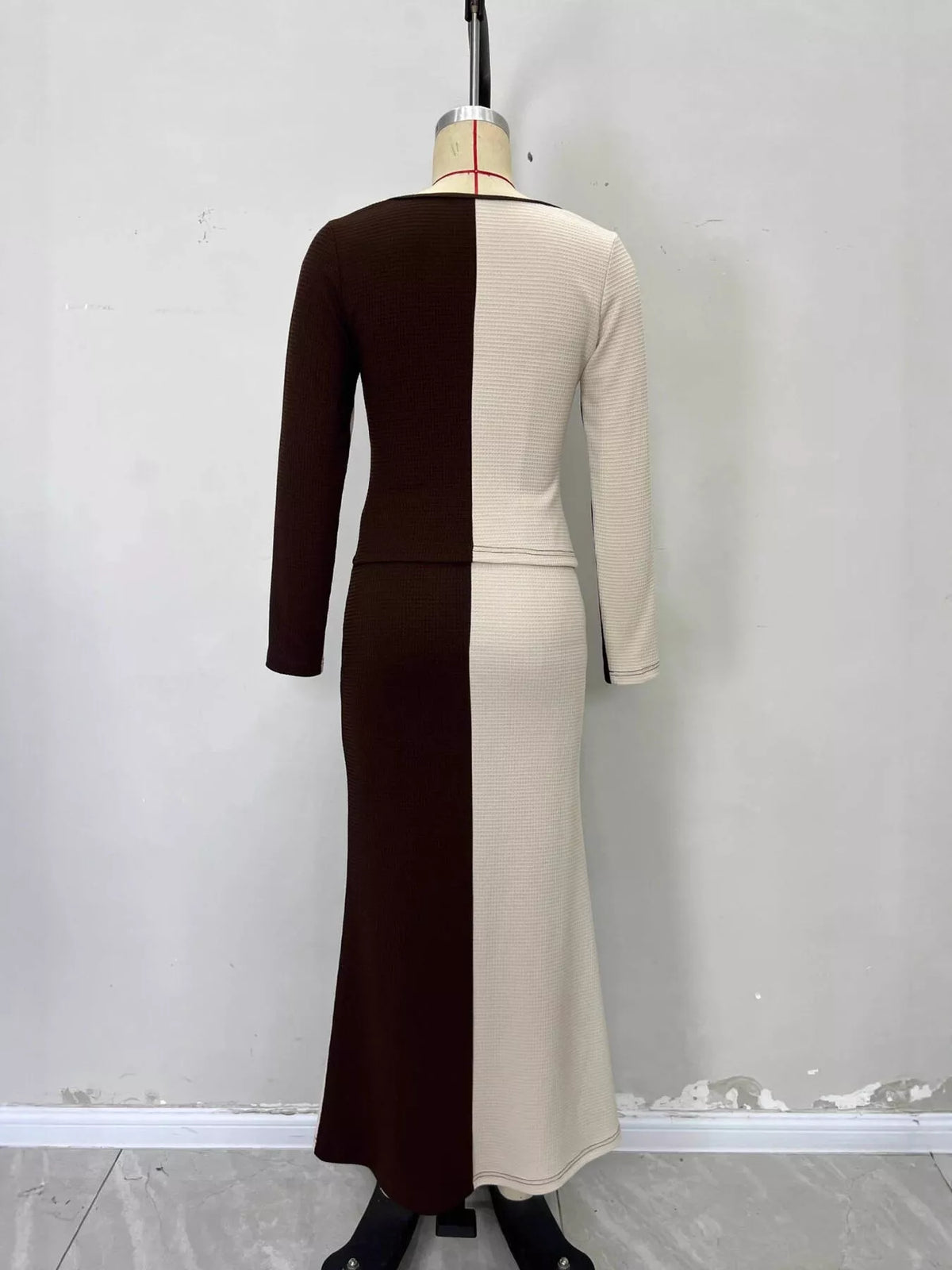 Brown and cream two-tone top and skirt set, back view