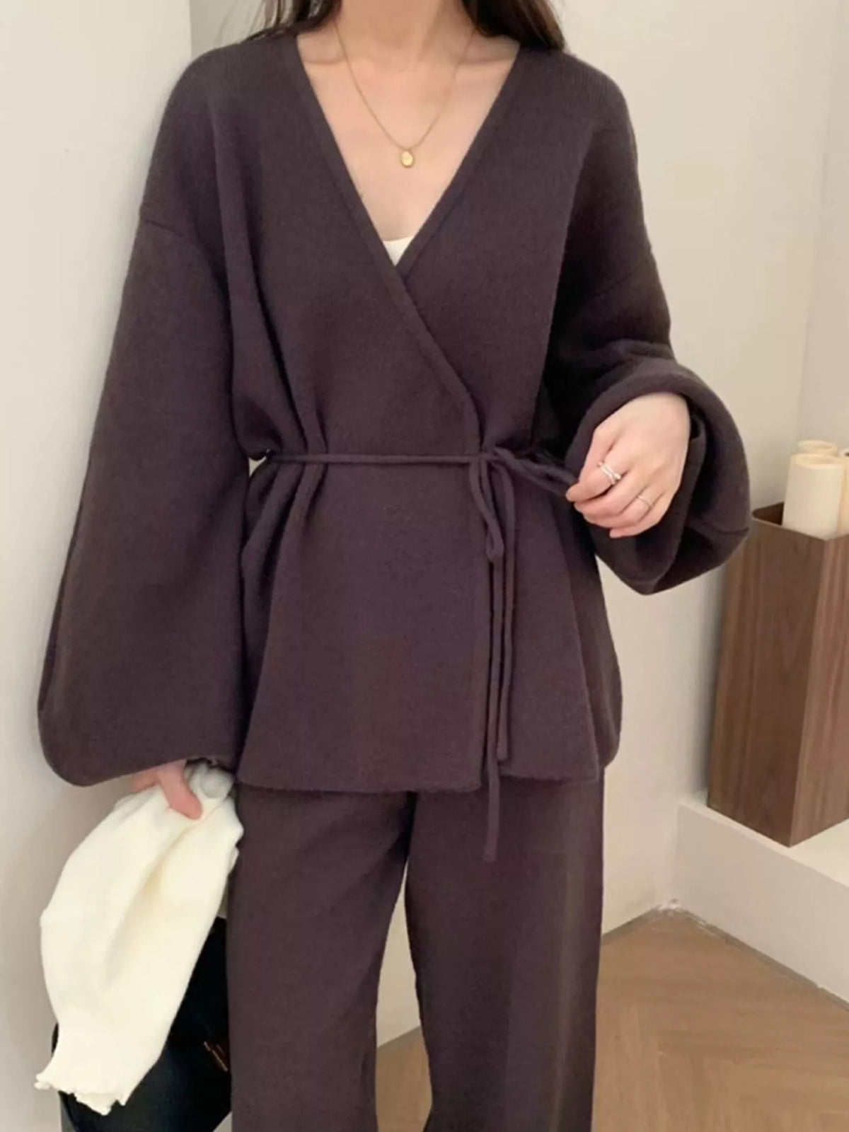 V-Neck Tied Wrap Cardigan and Wide-Leg Pants Sweater Set — front view
