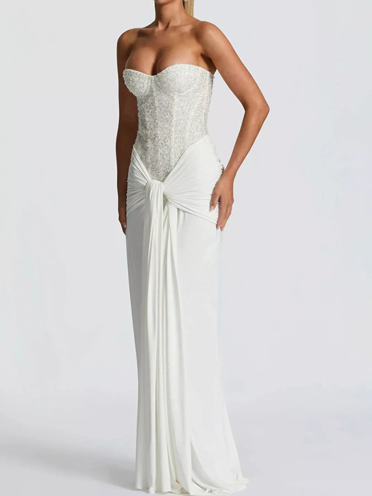 Strapless Sequin Corset Maxi Dress, front view