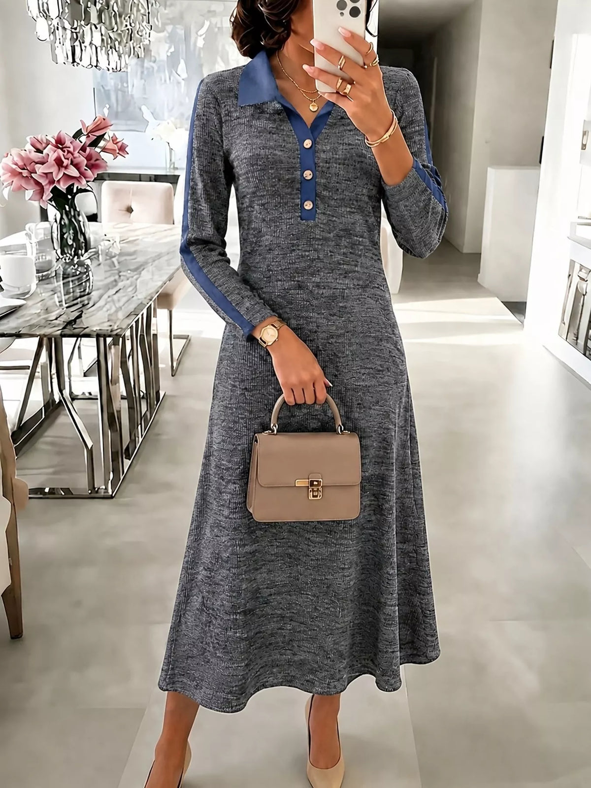 Colorblock Polo Collar Long Sleeve Sweater Dress — front view