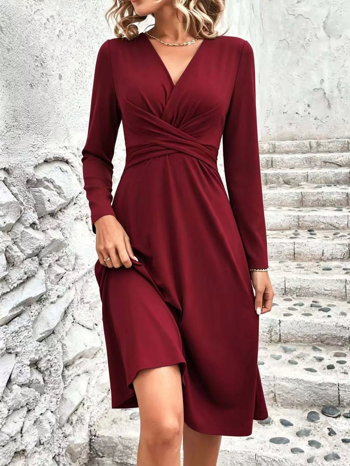 Burgundy long sleeve ruched-front midi dress