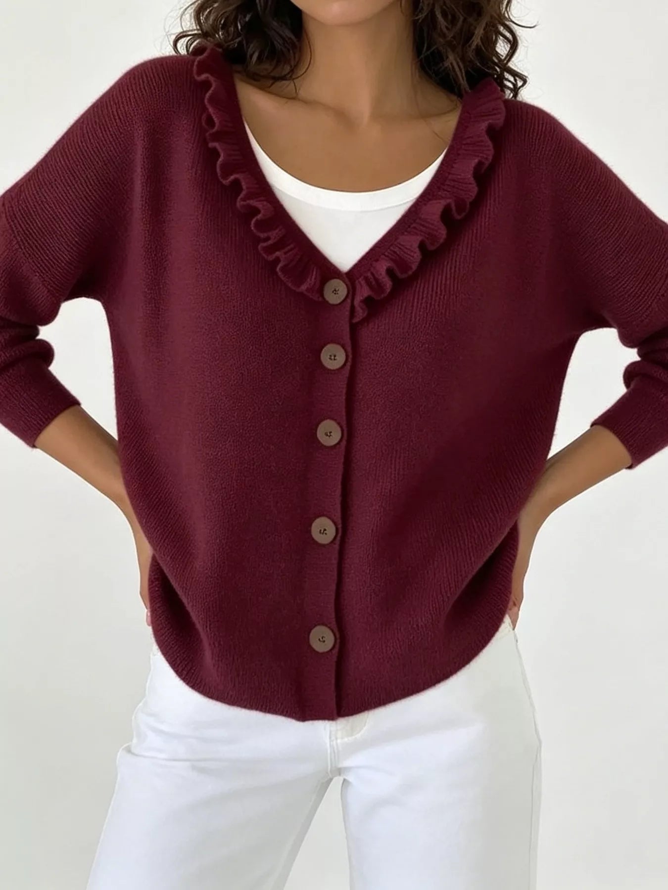 Trendsi Ruffled Neckline Button-Up Cardigan -