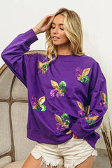 Trendsi BiBi Fleur De Lis Sequin Patches Mardi Gras Sweatshirt -