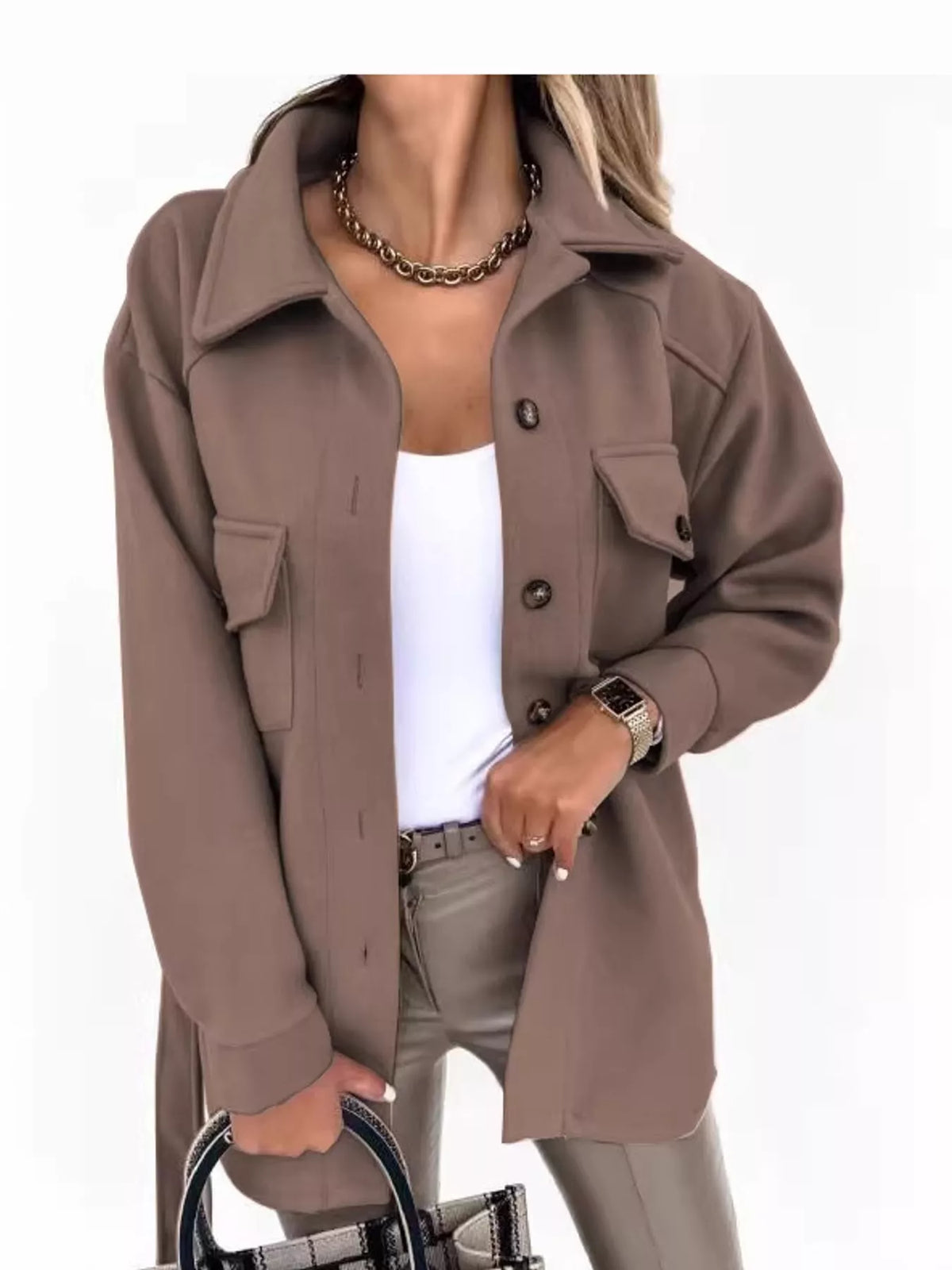 Belted Button-Down Shirt Jacket — front view