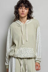 Trendsi POL Mixed Knit Contrast Print Sleeve Hoodie with Kangaroo Pocket -