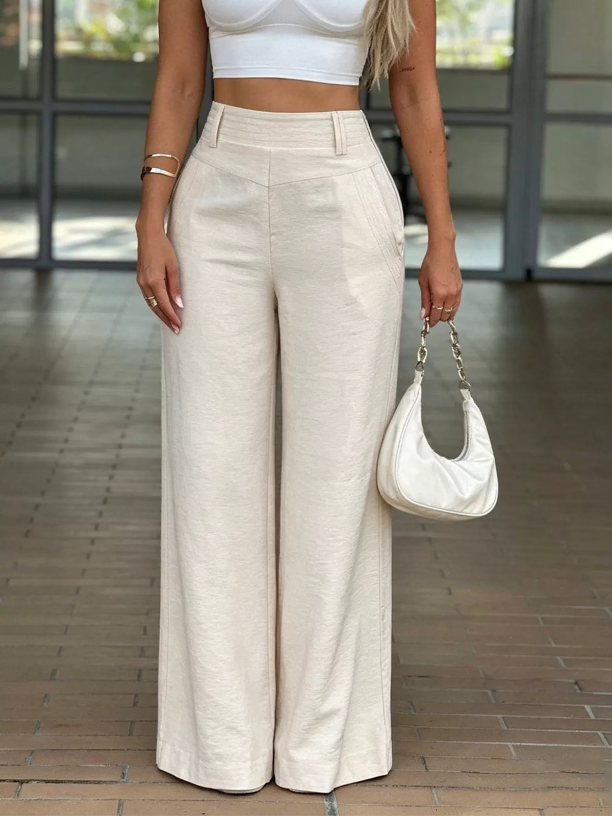 High-Waisted Wide-Leg Pants in light coffee color, front view