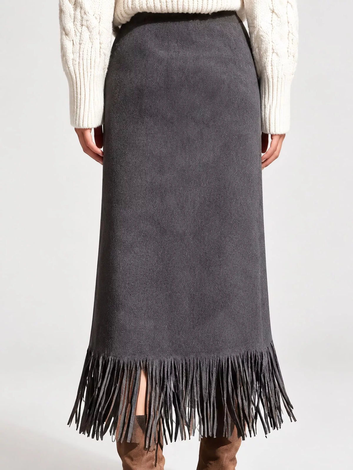 Gray fringe midi skirt