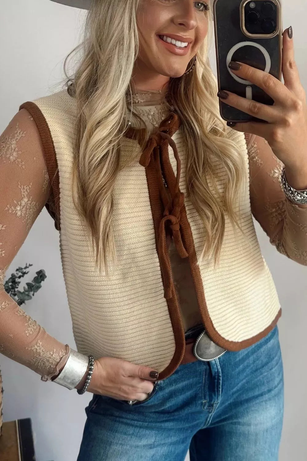 Trendsi Contrast Trim Tie-Front Sweater Vest -