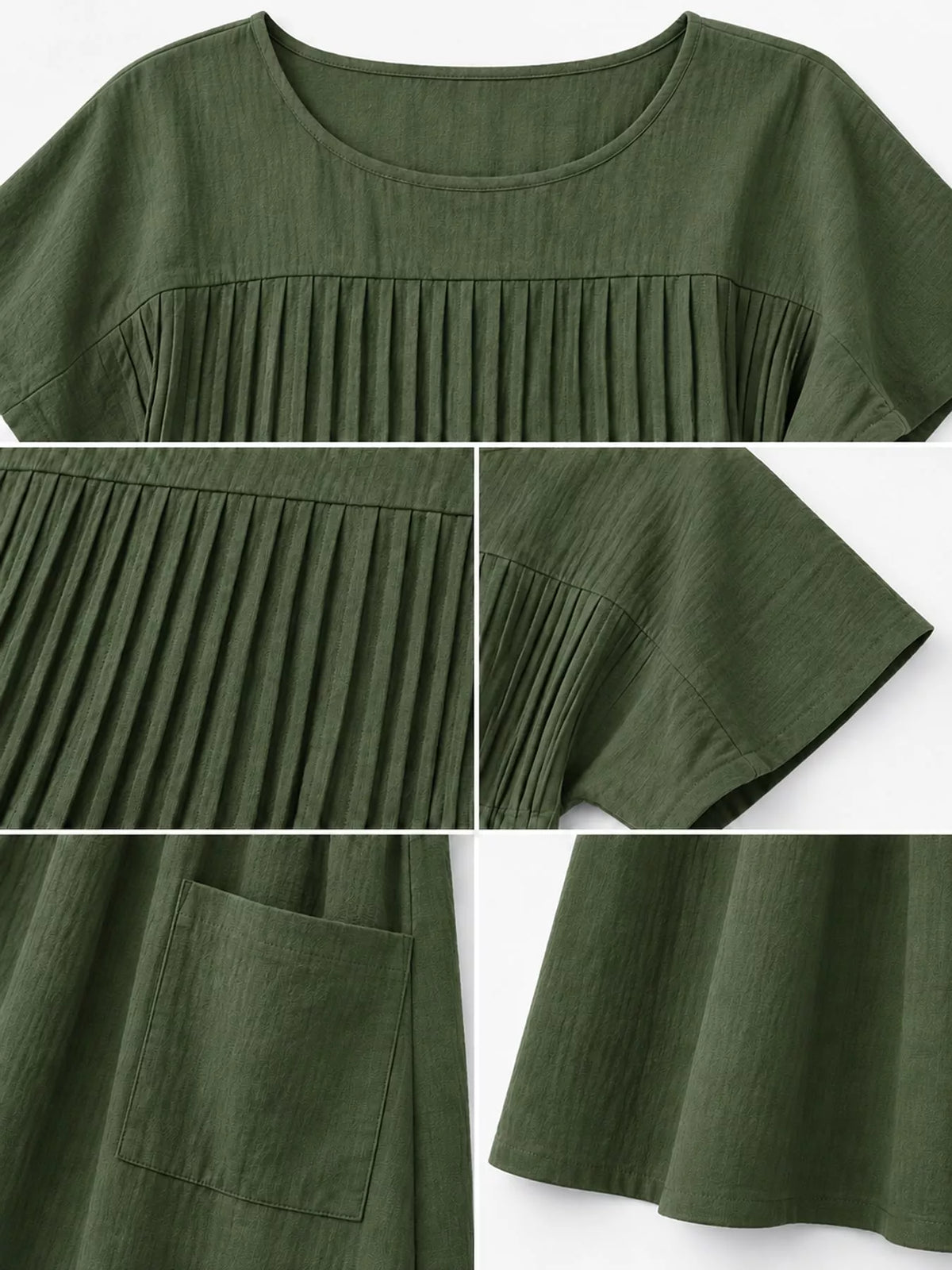 Pleated Midi Dress with Pockets, detail view in olive green