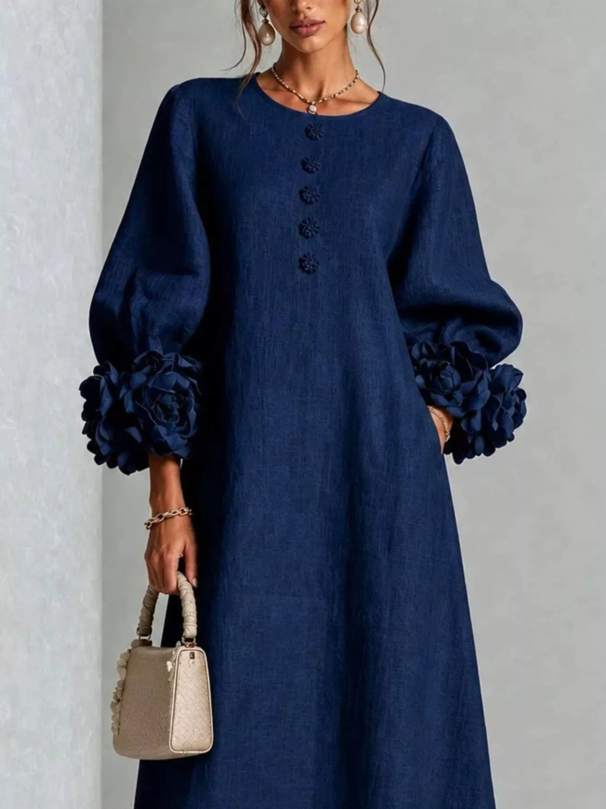 Trendsi 3D Floral Round Neck Midi Dress -