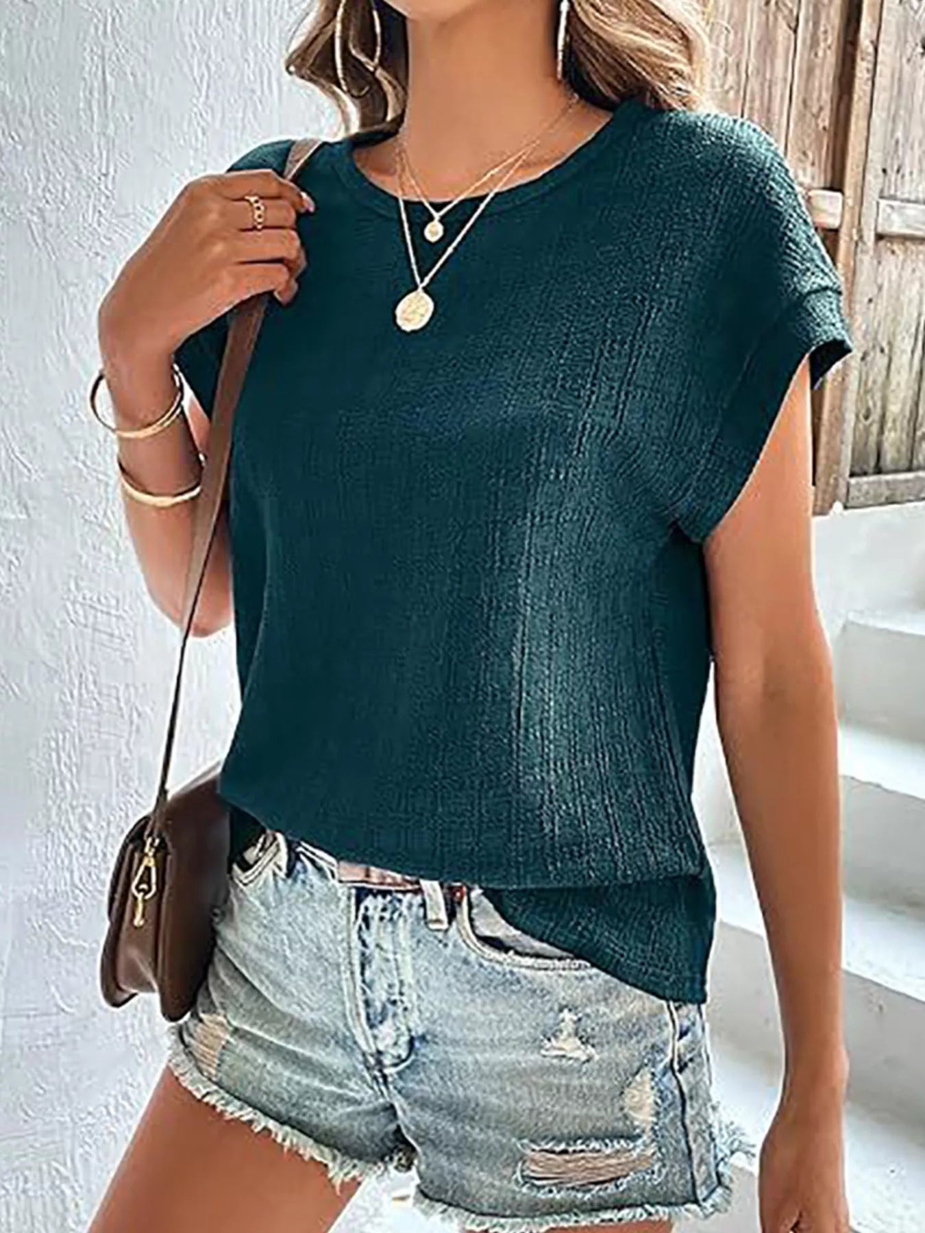 Trendsi Textured Round Neck Short Sleeve Top -