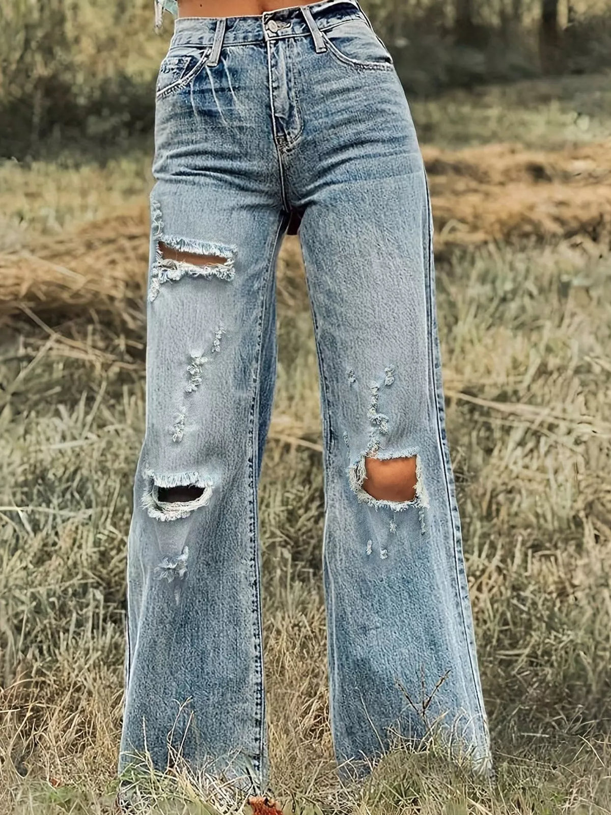 Mid-Rise Distressed Wide-Leg Jeans, front view
