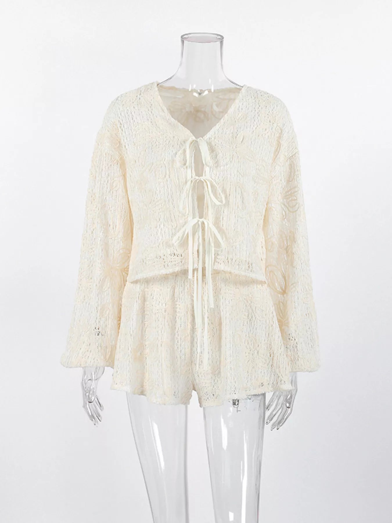 Trendsi Lace Crochet Tie Front Top and Shorts Two-Piece Lounge Set -