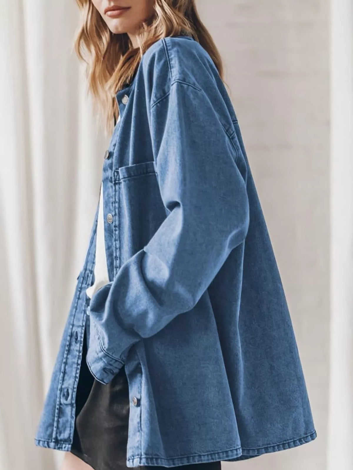 Button-Up Dropped Shoulder Denim Shacket — side view