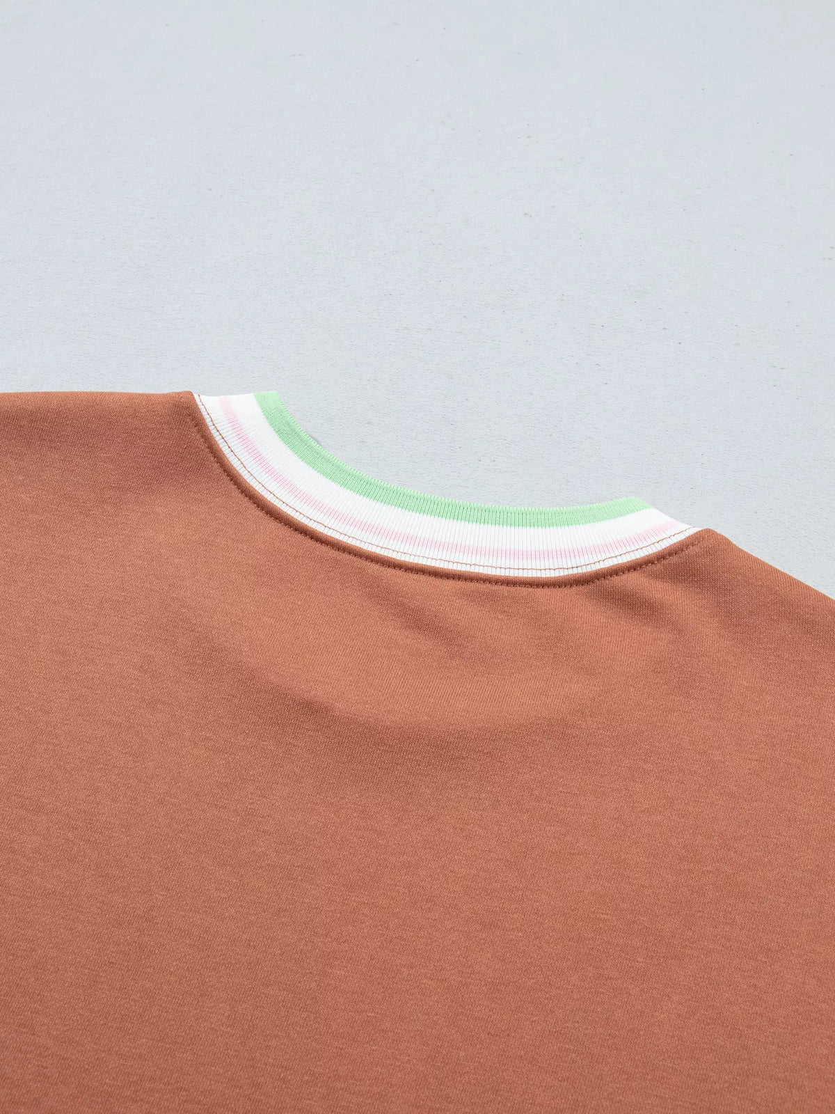 Brown sweatshirt with contrast striped ribbed trim, back neckline detail