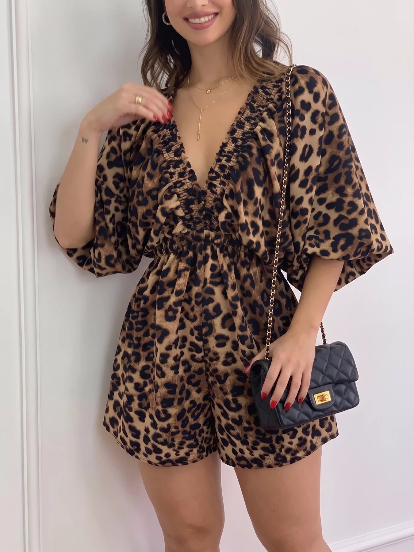 Trendsi V-Neck Leopard Print Puff Sleeve Romper -