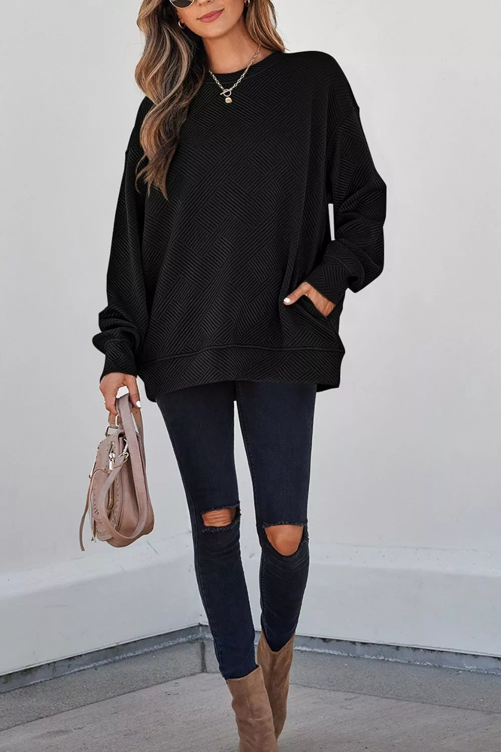 Trendsi Solid Color Textured Round Neck Drop Shoulder Pullover Sweatshirt -