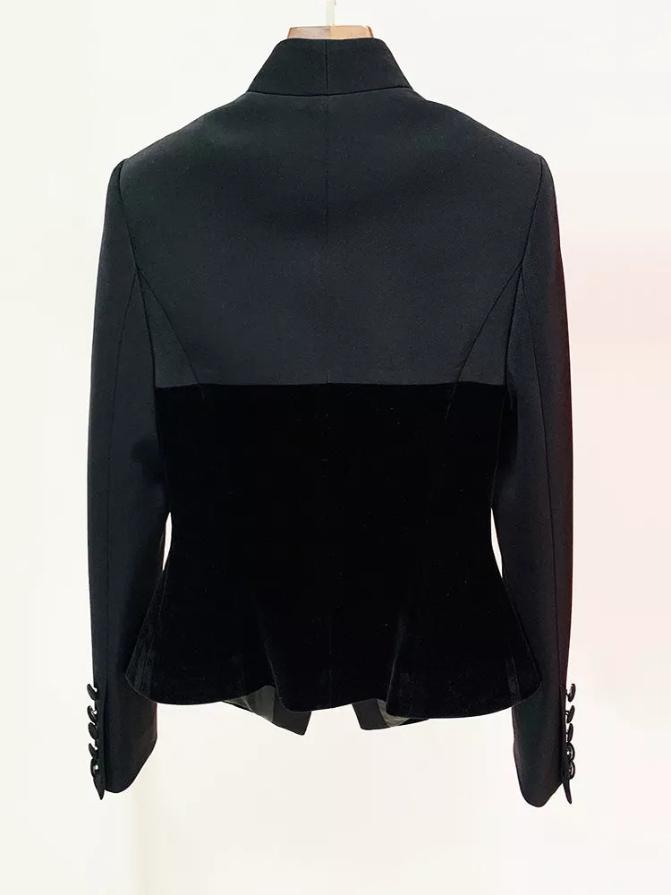 Black velvet-paneled blazer with stand-up collar, back view