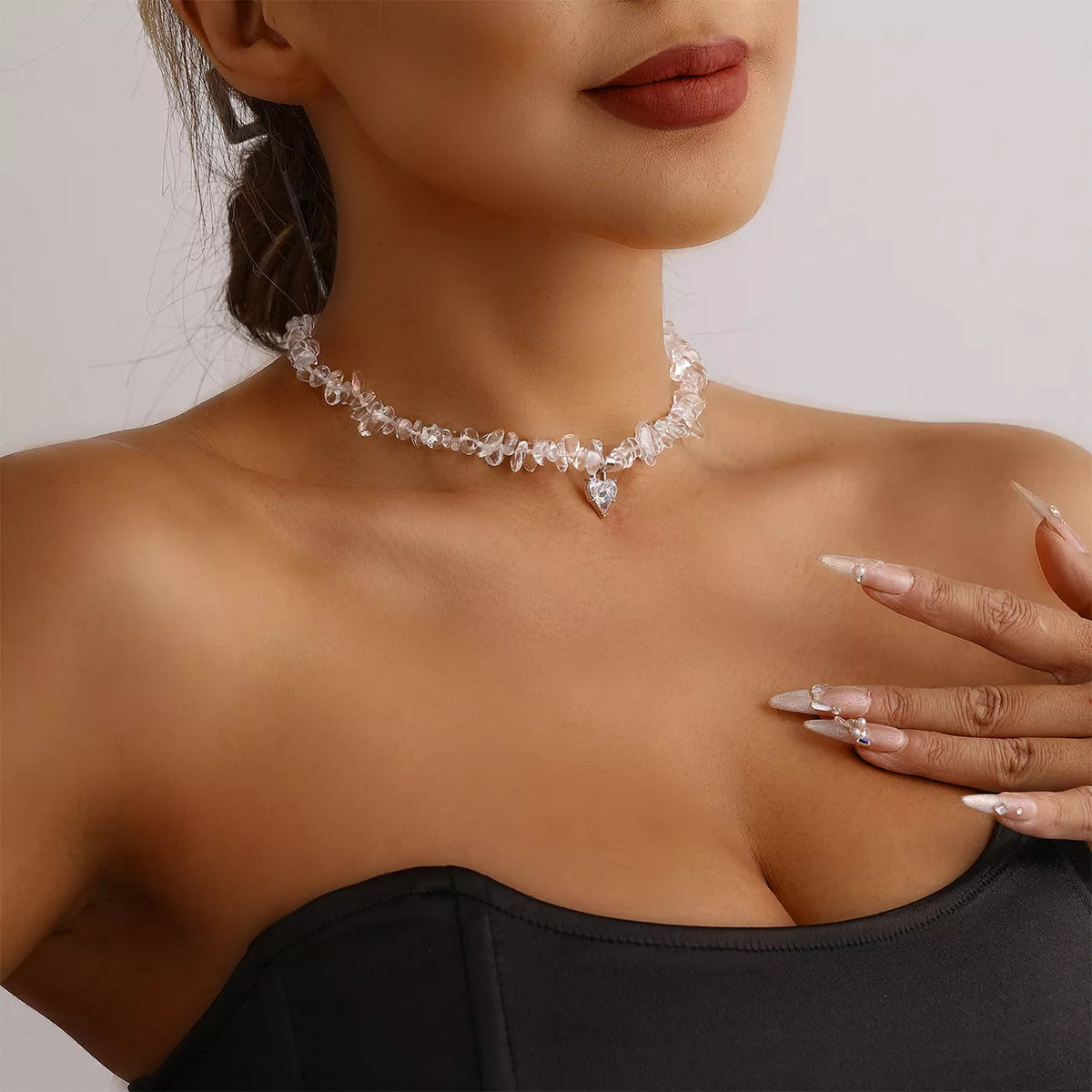 Silver crystal-chip heart pendant necklace