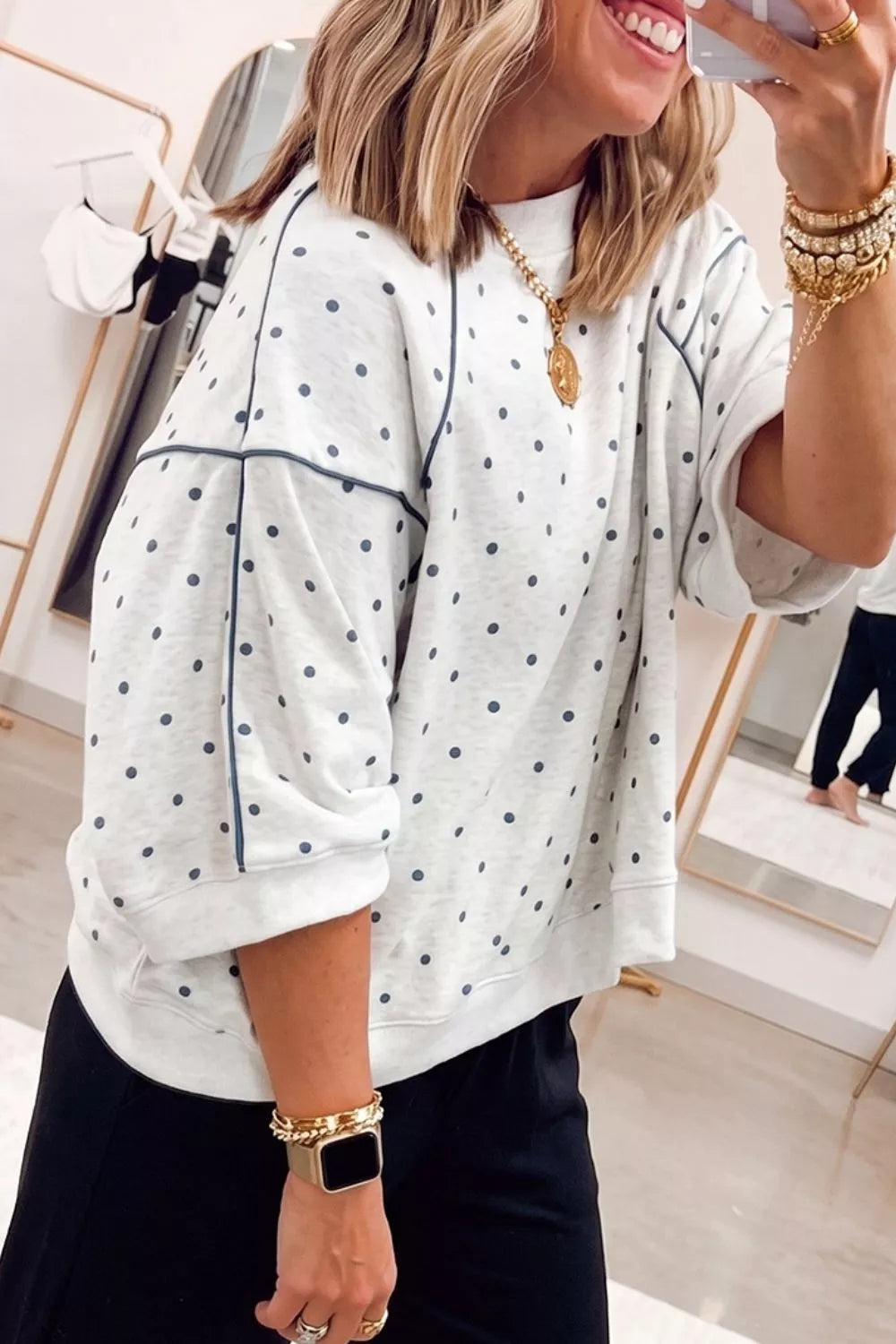Trendsi Polka Dot Print Piping Trim 3/4 Sleeve Relaxed Top -