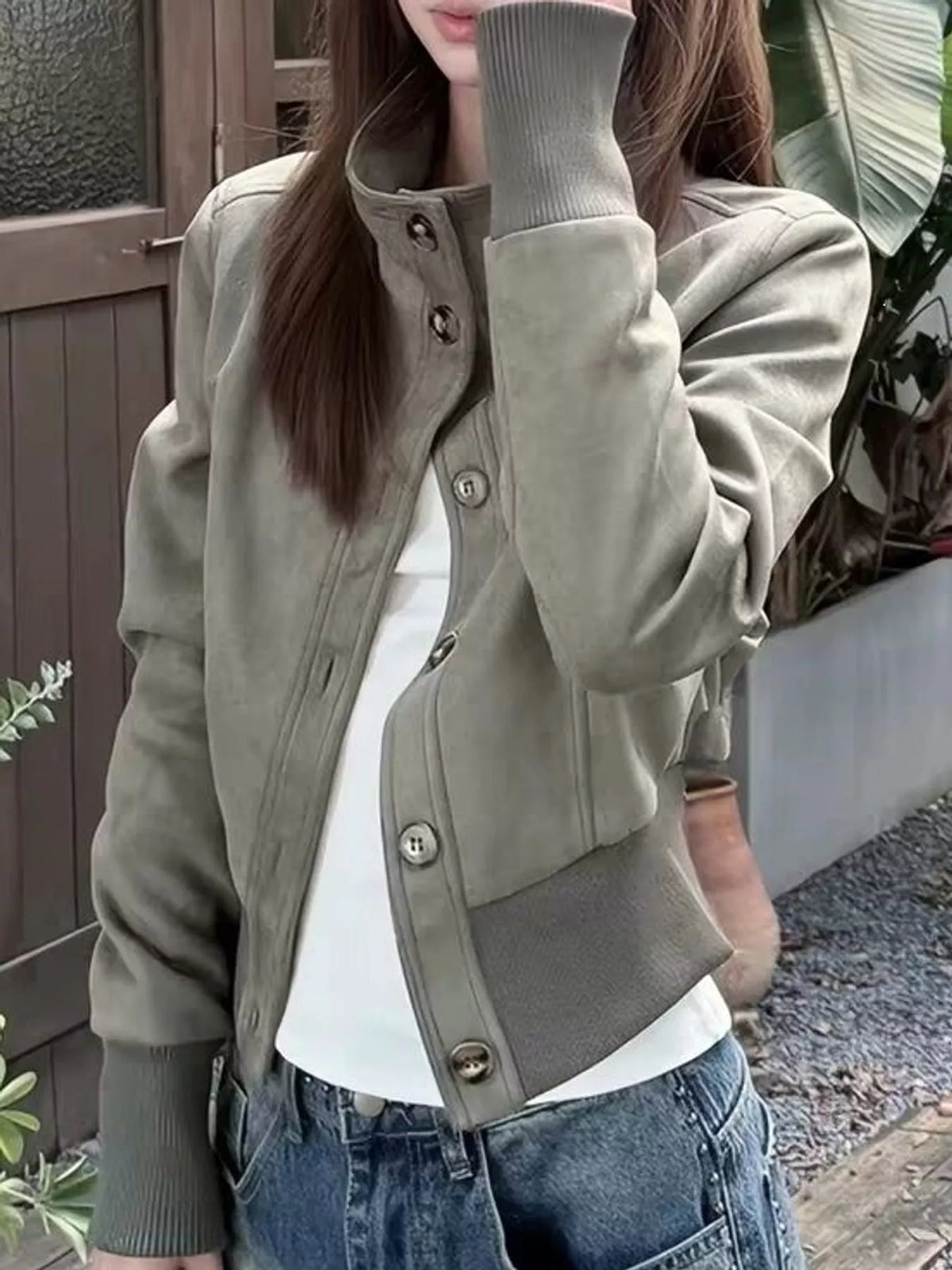 Button-Up Stand-Up Collar Jacket — front view
