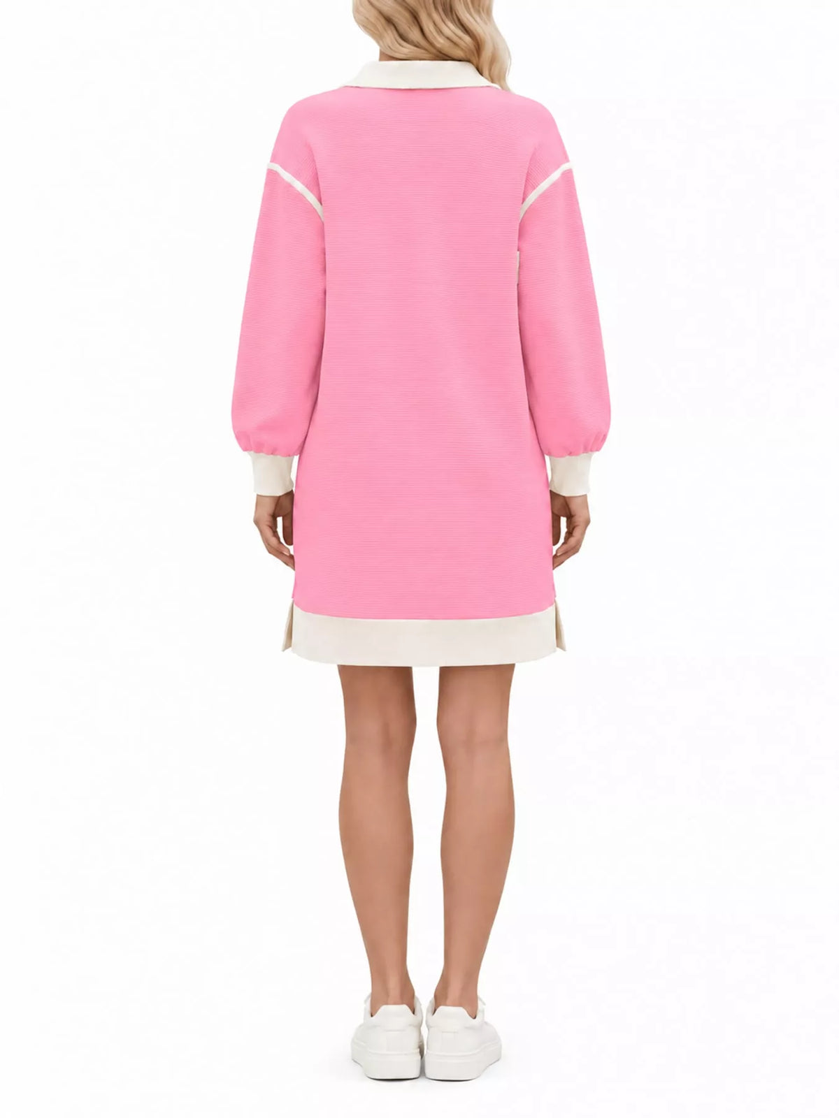 Pink color block quarter-zip sweatshirt dress — back view