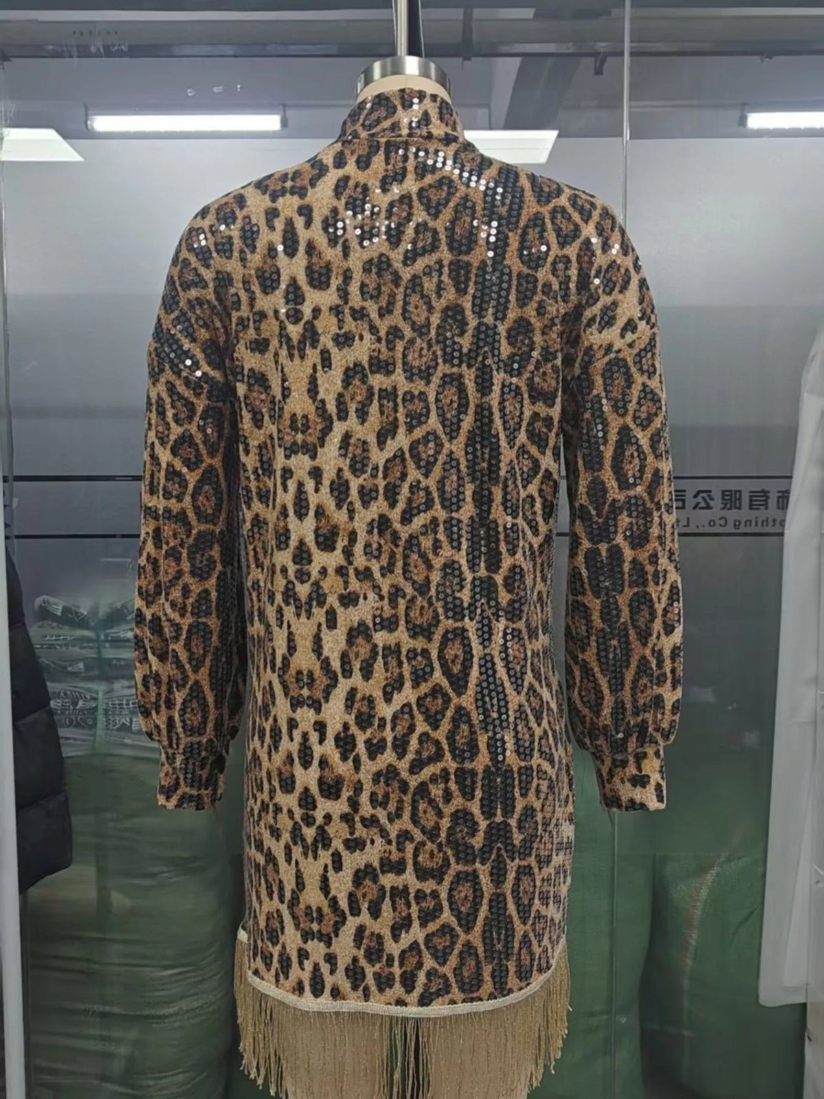 Women's Leopard Sequin Mock Neck Fringe Hem Mini Dress in Leopard, full-length view