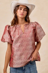 Trendsi BiBi Jacquard Woven Short Balloon Sleeves V Neck Top -